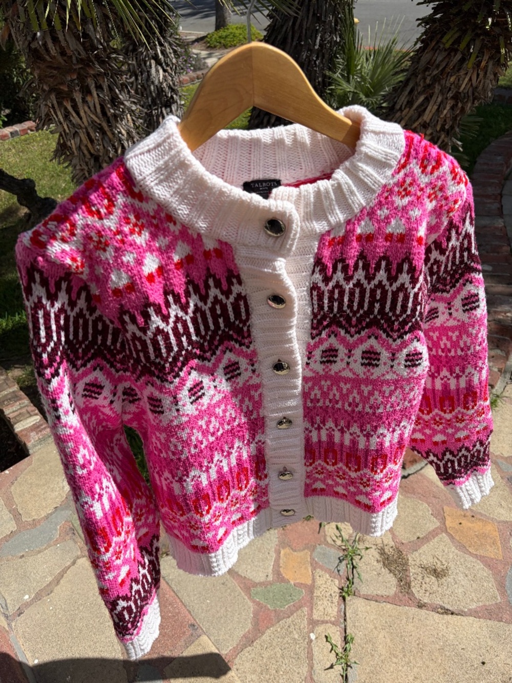 Talbots Fair Isle Cardigan Sweater – Size XL Petite – Pink Cozy Classic